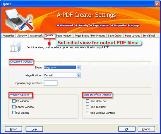 a-pdf creator setting for open view